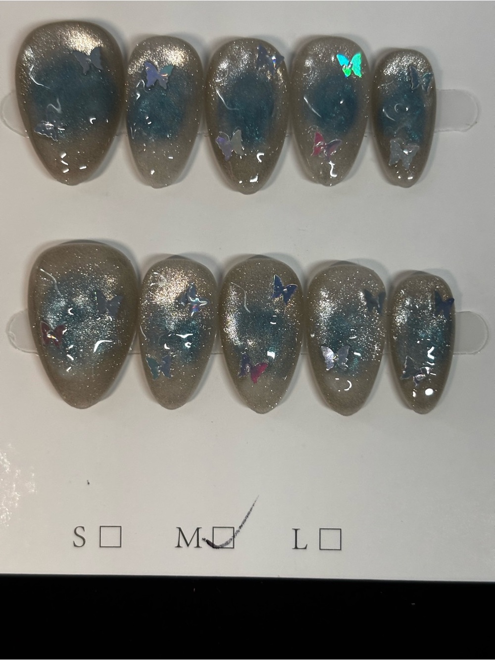 Blue & Silver Butterfly Accent Press-On Nails - Medium